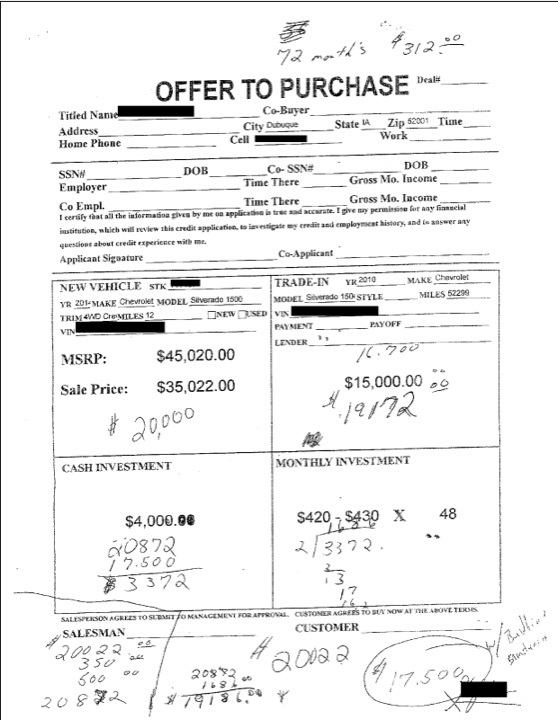 A dealer 'offer to purchase' worksheet covered in handwritten numbers